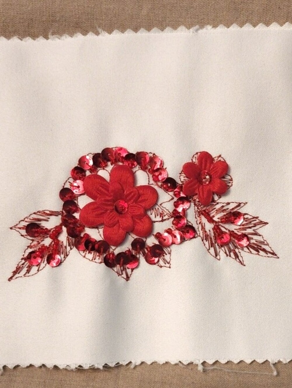 Sampler Vintage Beaded Floral Satin Floral Sequin Appliqué Patch Red